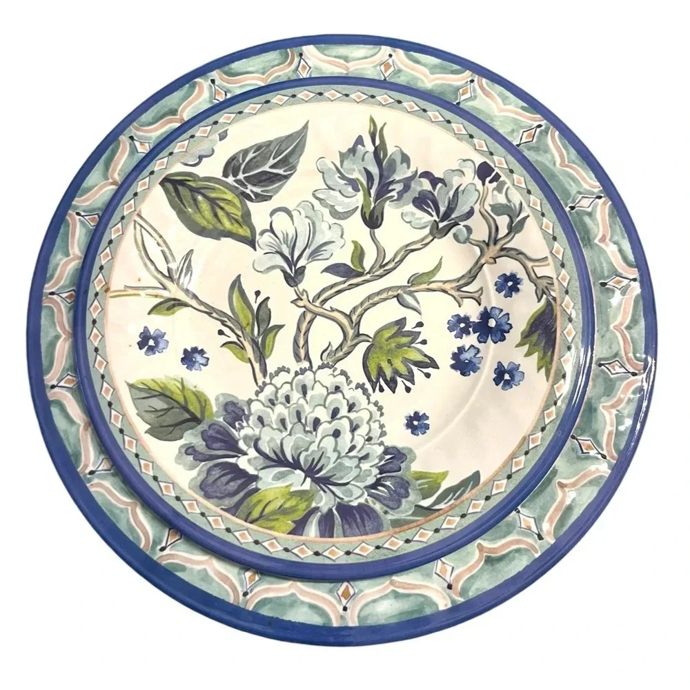 Pier 1 Melamine 2 Dinner Plates And 2 Salad Plates (4 Total) Floral Green & Blue